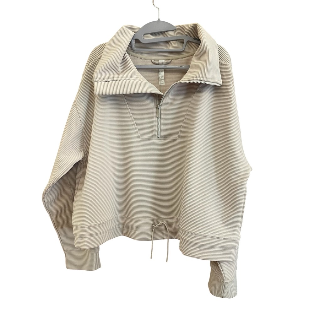 Zella Womens Oversized Ribbed Half Zip Pullover Oatmal Drawstring Hem Athleisure